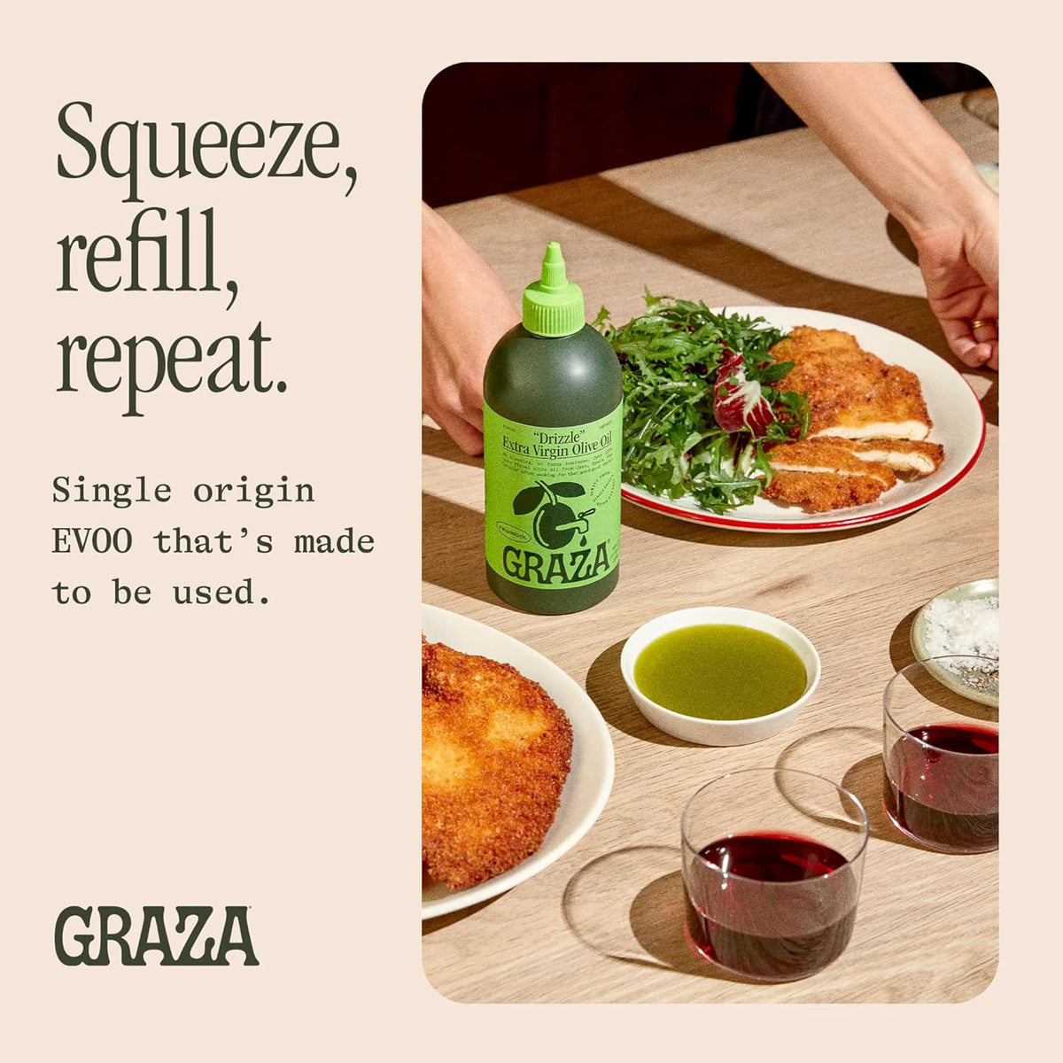 Graza Drizzle squeeze bottle in kitchen ready for daily use.