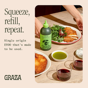Graza Drizzle squeeze bottle in kitchen ready for daily use.