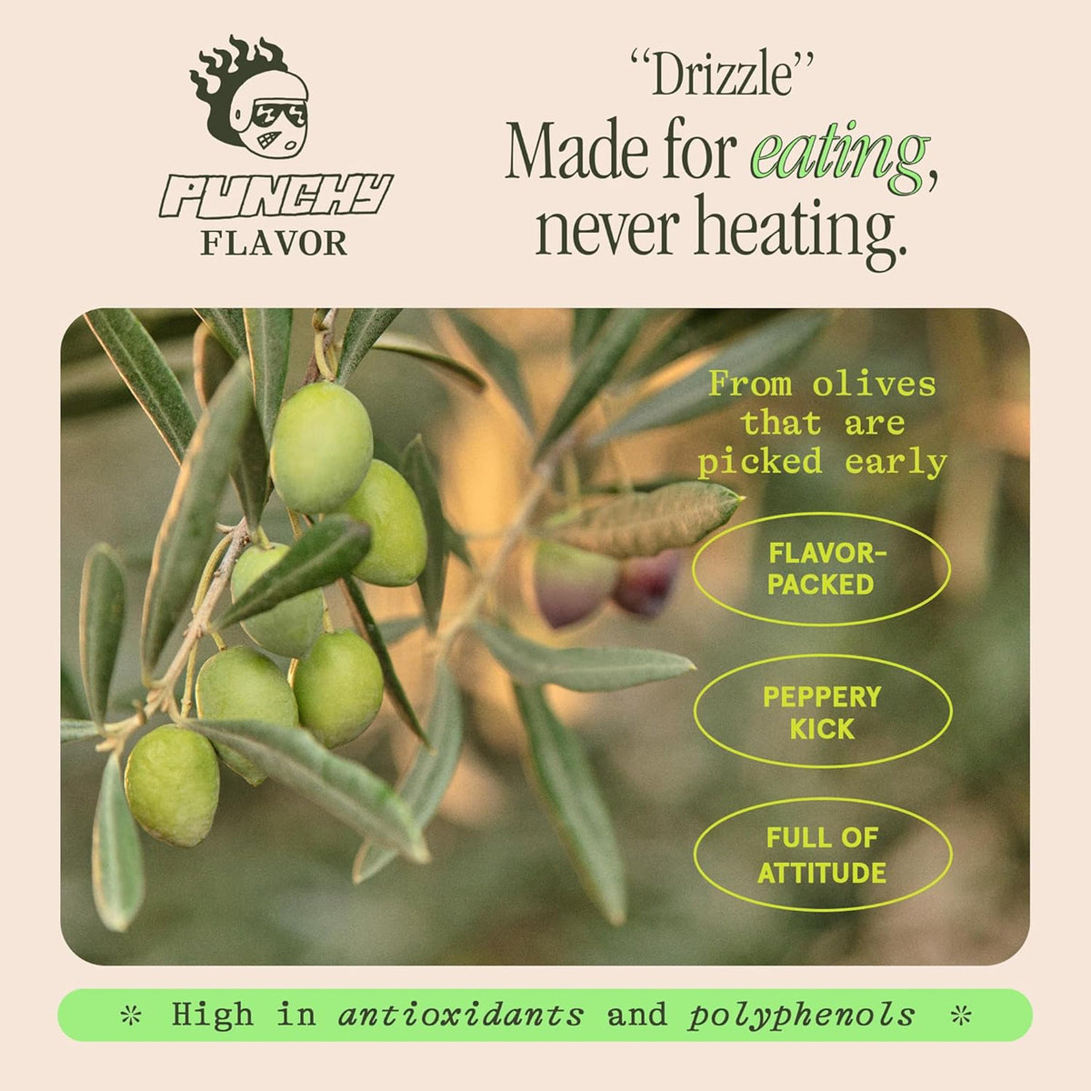Graza Drizzle label close-up showcasing early-harvest olives.