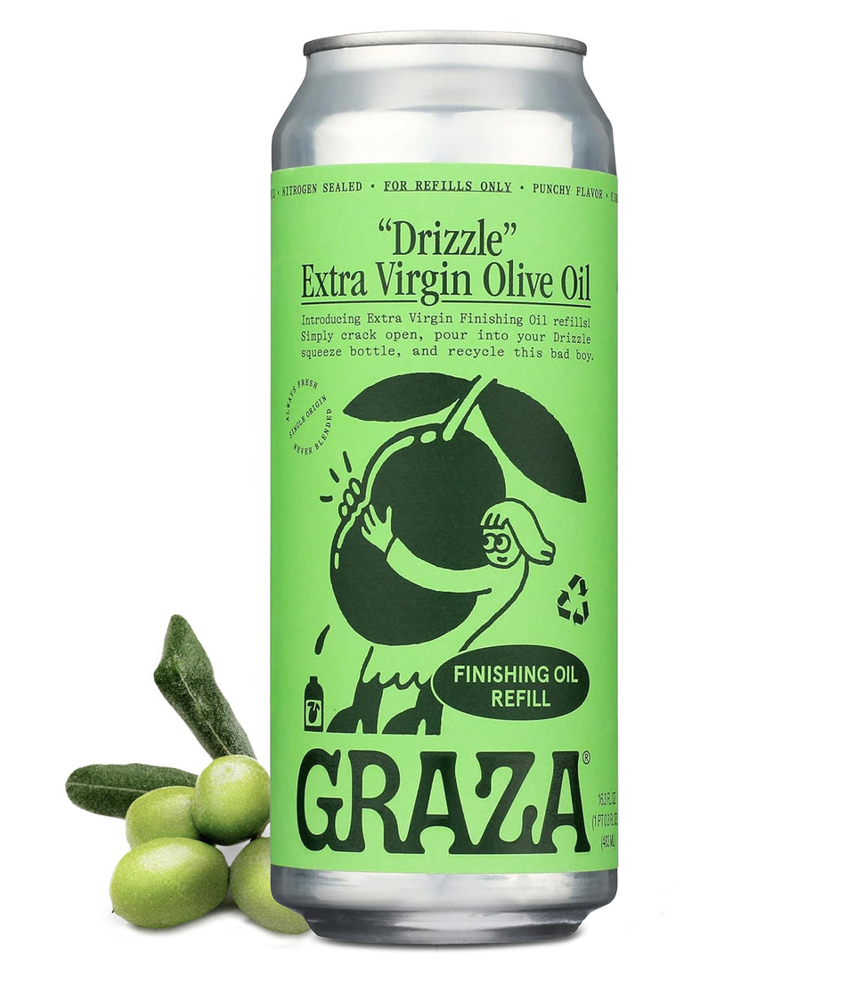 Graza Drizzle refill can pouring into bottle to preserve freshness
