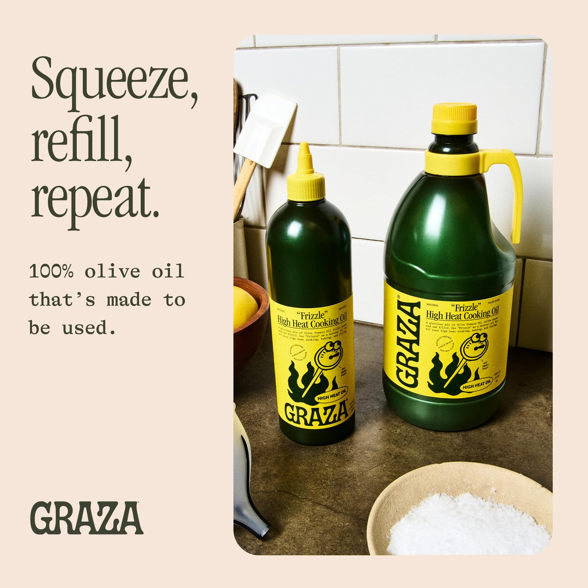 Graza Frizzle 2L jug label focuses on olive-oil purity for everyday use.