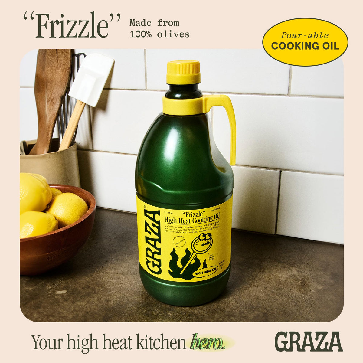 Graza Frizzle bottle tilted to highlight easy-to-use squeeze bottle design.