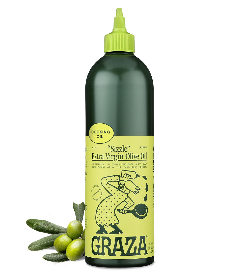 Graza Sizzle bottle pour shows heat-ready EVOO for searing and roasting.