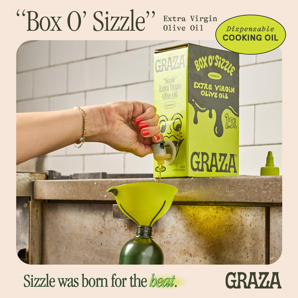Graza Sizzle bottle side view emphasizing pourability for high heat.