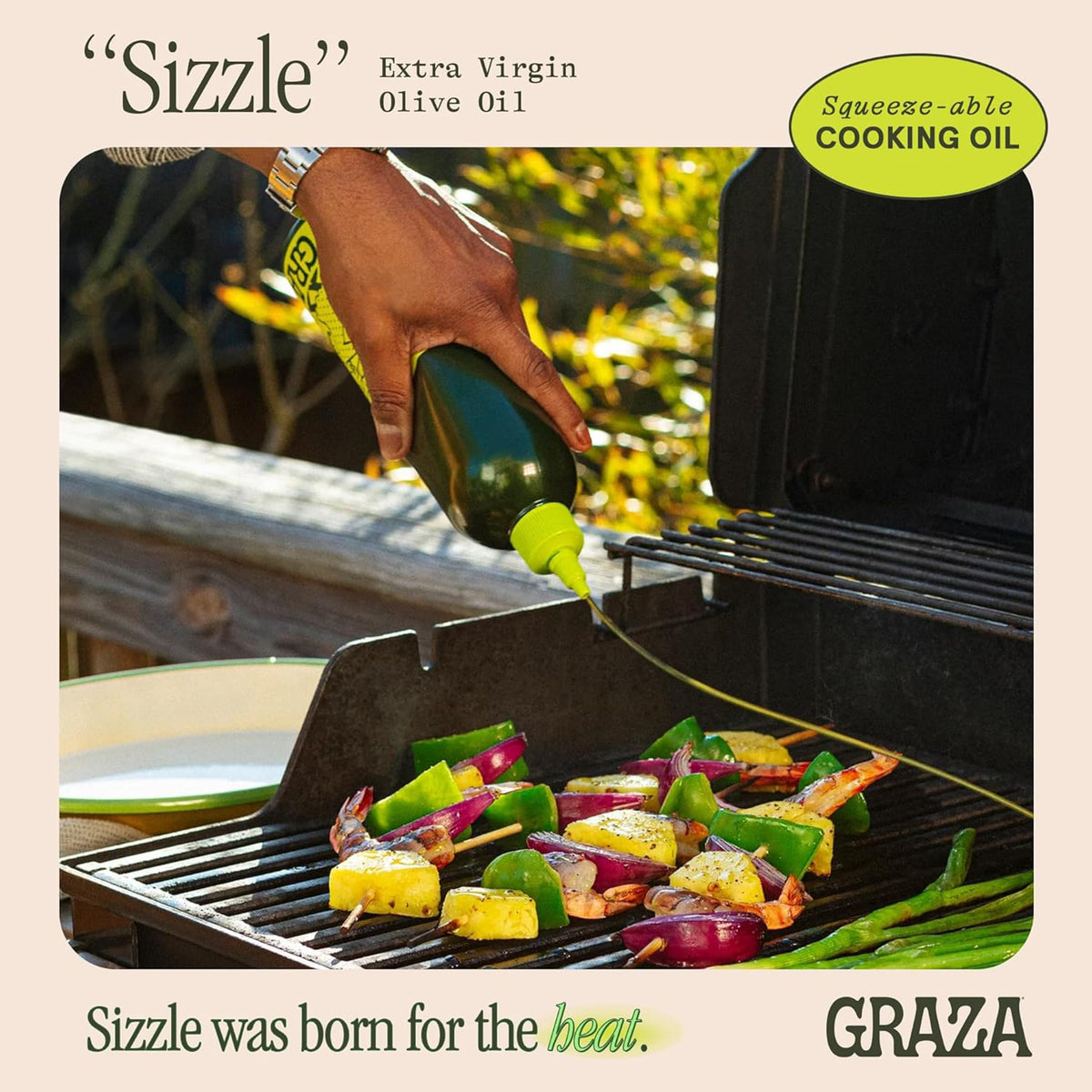 Graza Sizzle oil flow highlights mellow, adaptable flavor for everyday cooking.