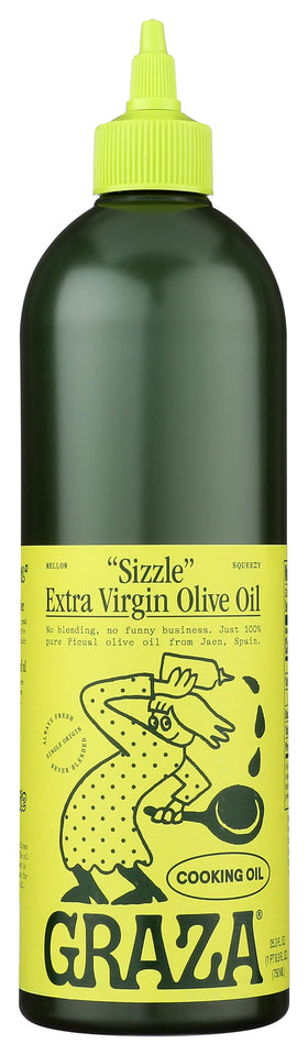 Graza Sizzle olive oil bottle pouring, great for sautéing and finishing dishes.