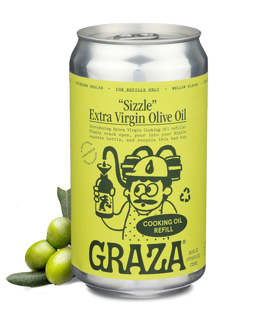 Graza Sizzle refill can 750ml ready for easy kitchen replenishment.