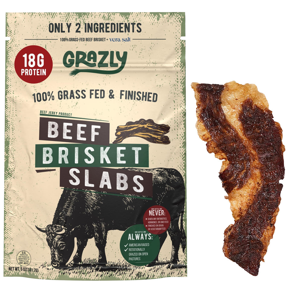 Grazly Beef Brisket Slab pack shot highlights premium grass-fed flavor for on-the-go snacking