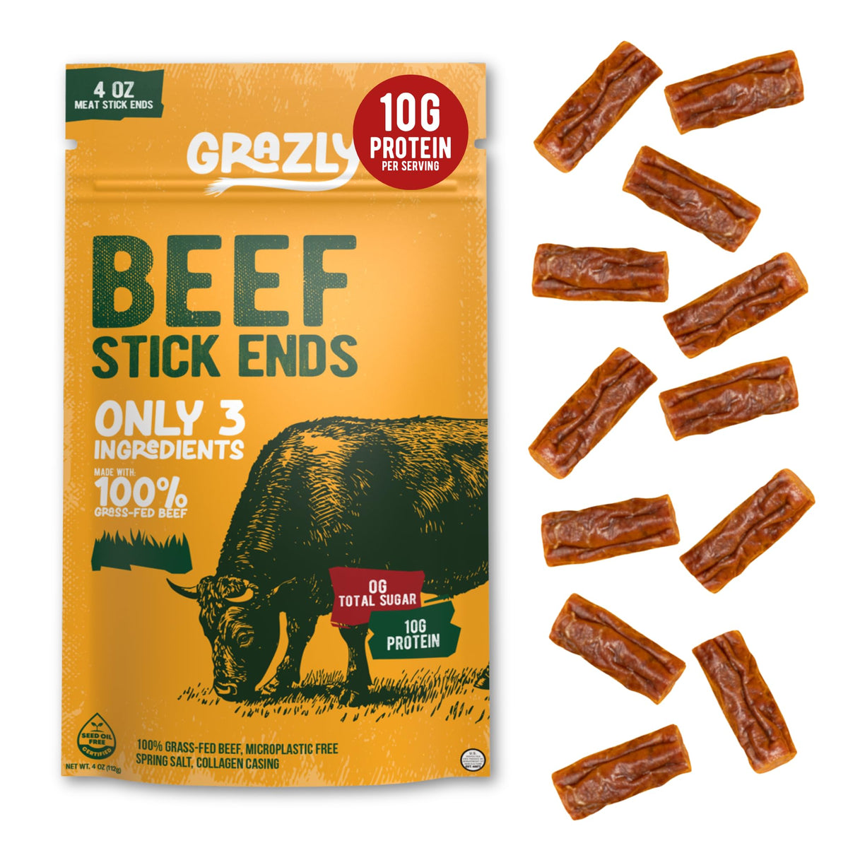 Grazly Beef Stick Ends close-up texture highlighting juicy, satisfying bite.