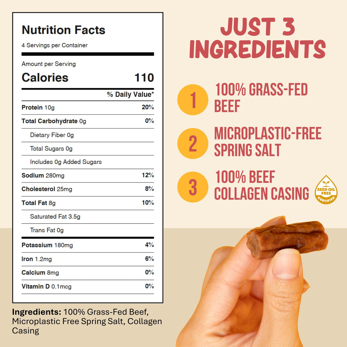 Grazly Grass-Fed Beef ingredient visual highlights simple, clean ingredients.