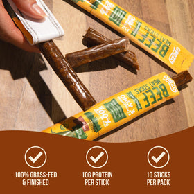 Grazly Grass-Fed Beef Sticks 10-pack portion—great for travel.