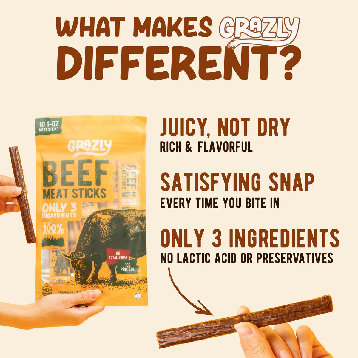 Grazly Grass-Fed Beef Sticks ingredients panel—simple 3-ingredient label.
