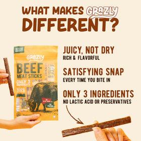 Grazly Grass-Fed Beef Sticks ingredients panel—simple 3-ingredient label.