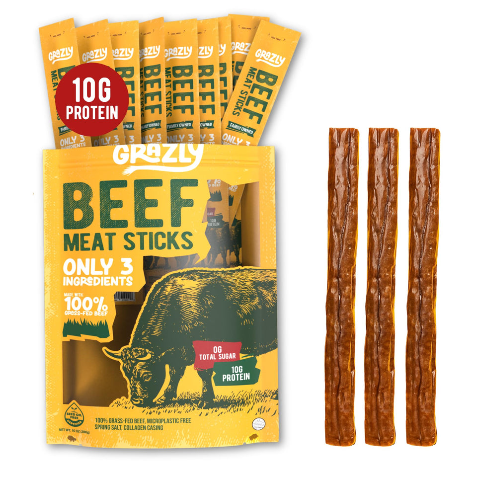 Grazly Grass-Fed Beef Sticks pack front—protein-packed snack for on-the-go.