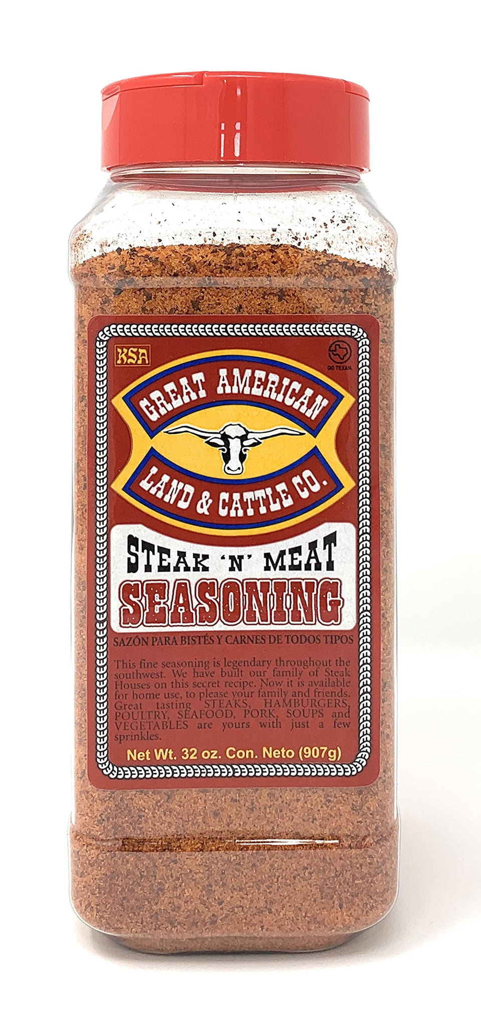 Great American Land & Cattle steak seasoning 32oz bottle ready for grilling.
