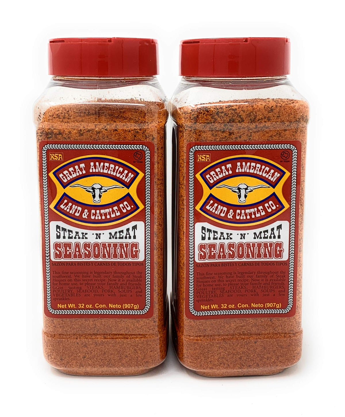 Great American Land & Cattle steak seasoning bottle front view highlighting beef-ready flavor enhancement.