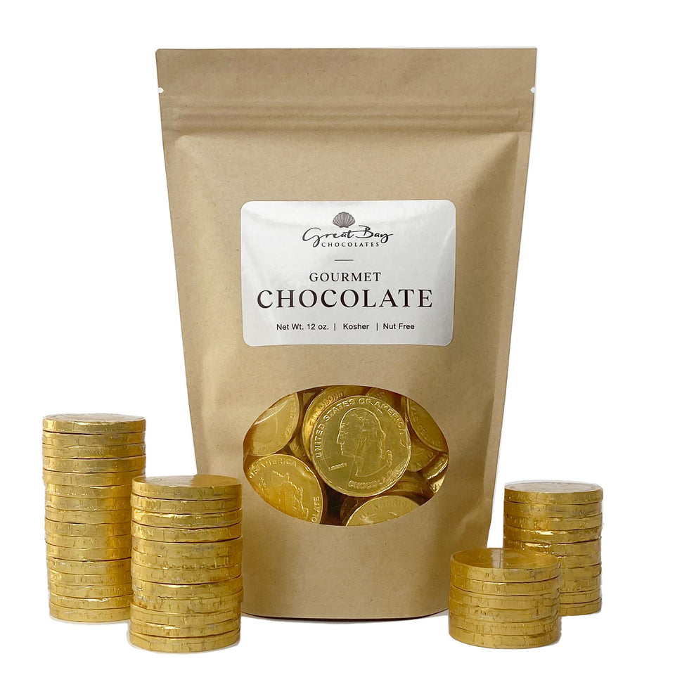 Great Bay Chocolates large milk coins packaging, ideal party favors.