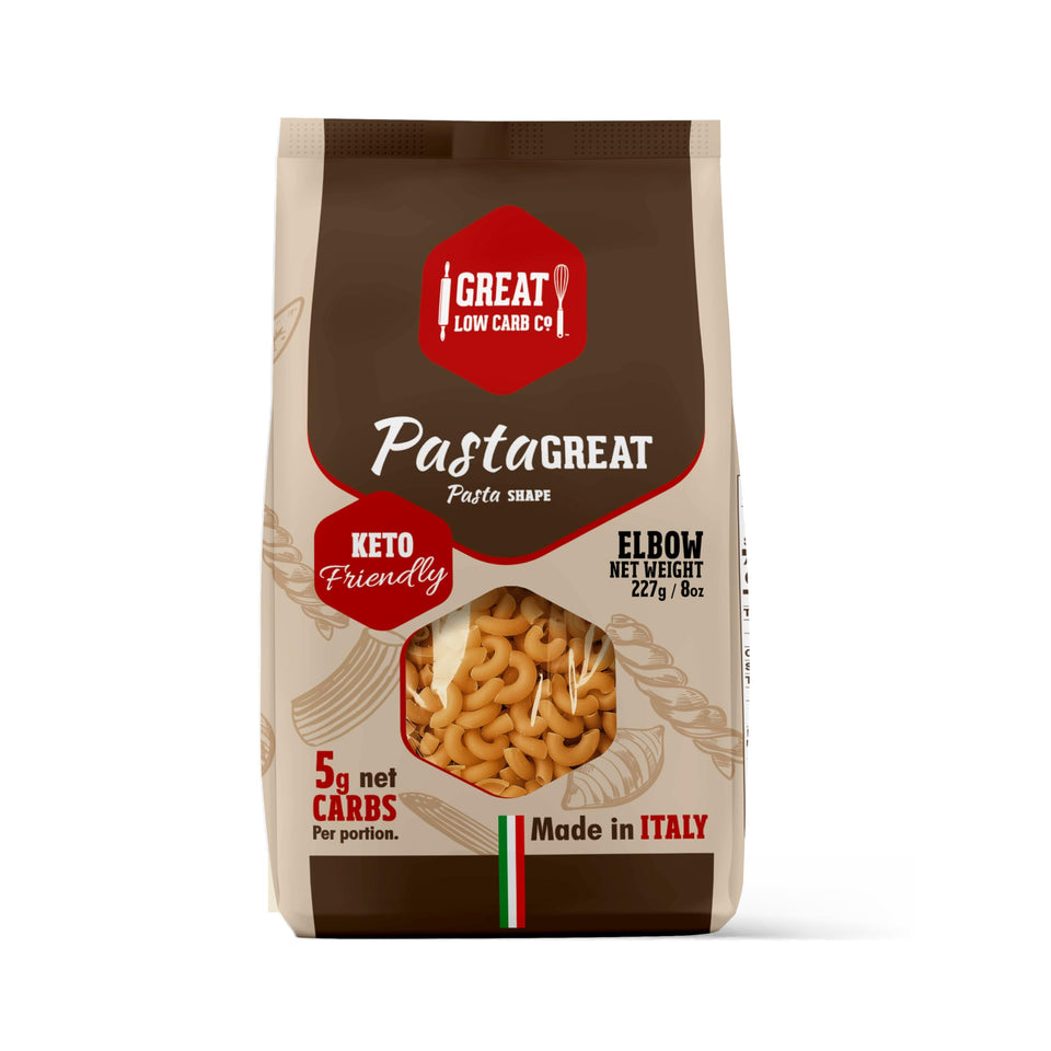 Great Low Carb Bread Company pasta elbows original packaging showing convenient serving option.