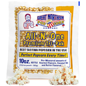 Great Northern Popcorn 10oz packs in case, ready for bulk movie nights.