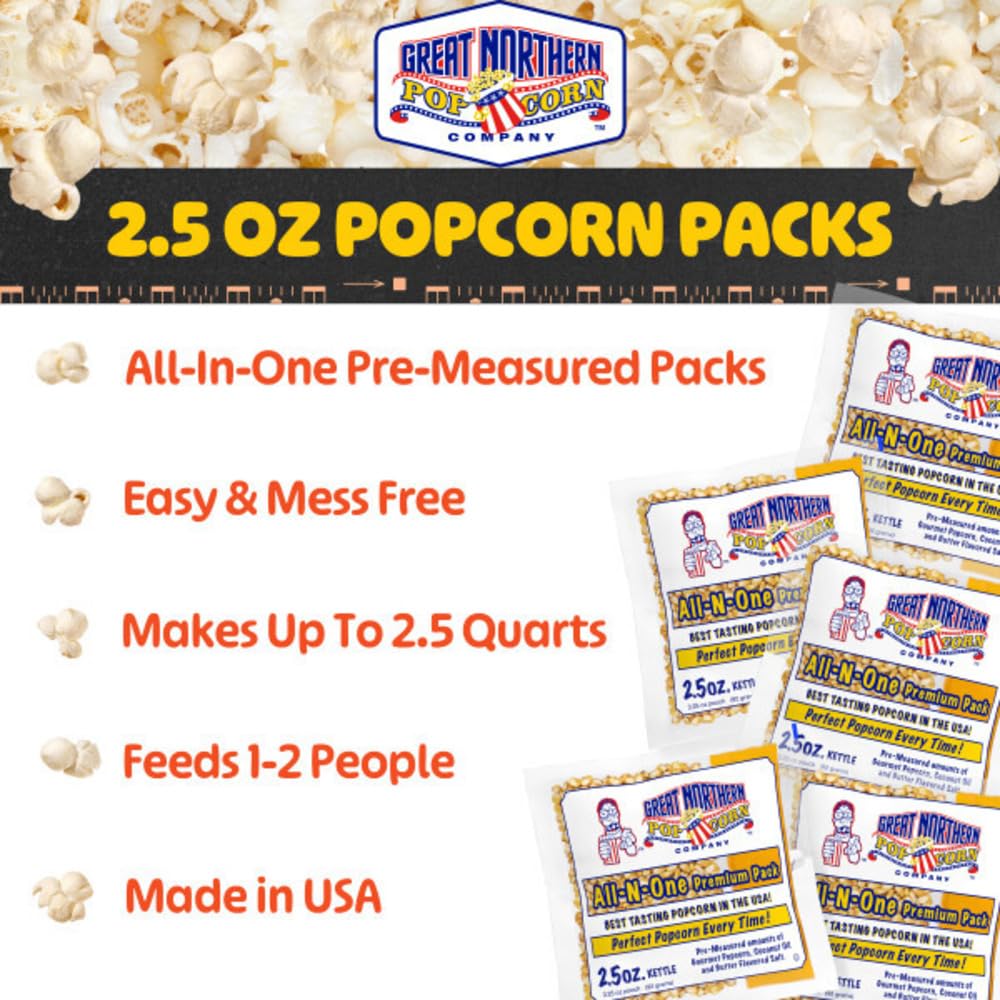 Great Northern Popcorn 2.5oz packs butter-salt mix for theater flavor.