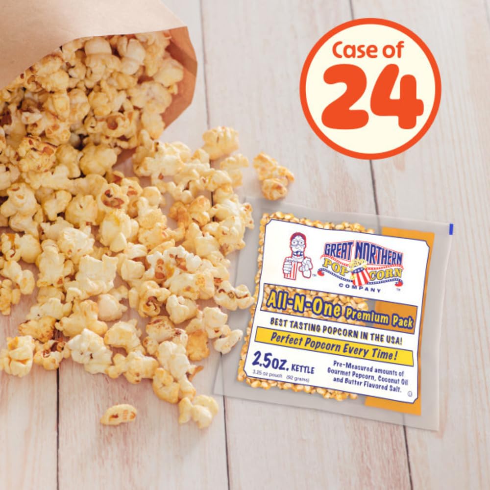 Great Northern Popcorn 2.5oz pack with coconut oil for rich flavor.