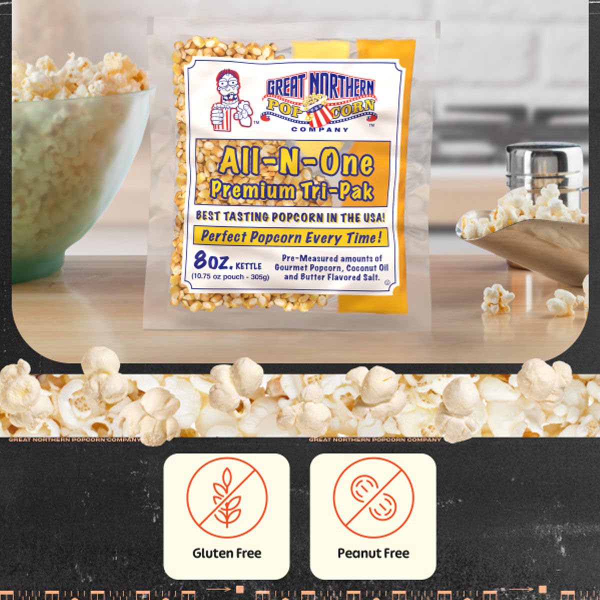 Great Northern Popcorn 8-ounce kettle-ready packs for eight-quart batches.