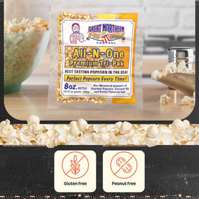 Great Northern Popcorn 8-ounce kettle-ready packs for eight-quart batches.