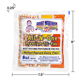 Great Northern Popcorn 8oz packs coconut oil for smooth, glossy kernels.