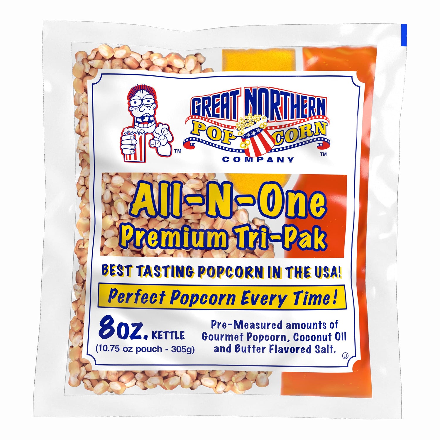 Great Northern Popcorn 8oz packs kernel and oil for quick theater-style popping at home.