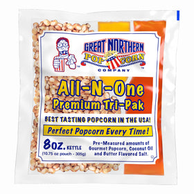 Great Northern Popcorn 8oz packs kernel and oil for quick theater-style popping at home.