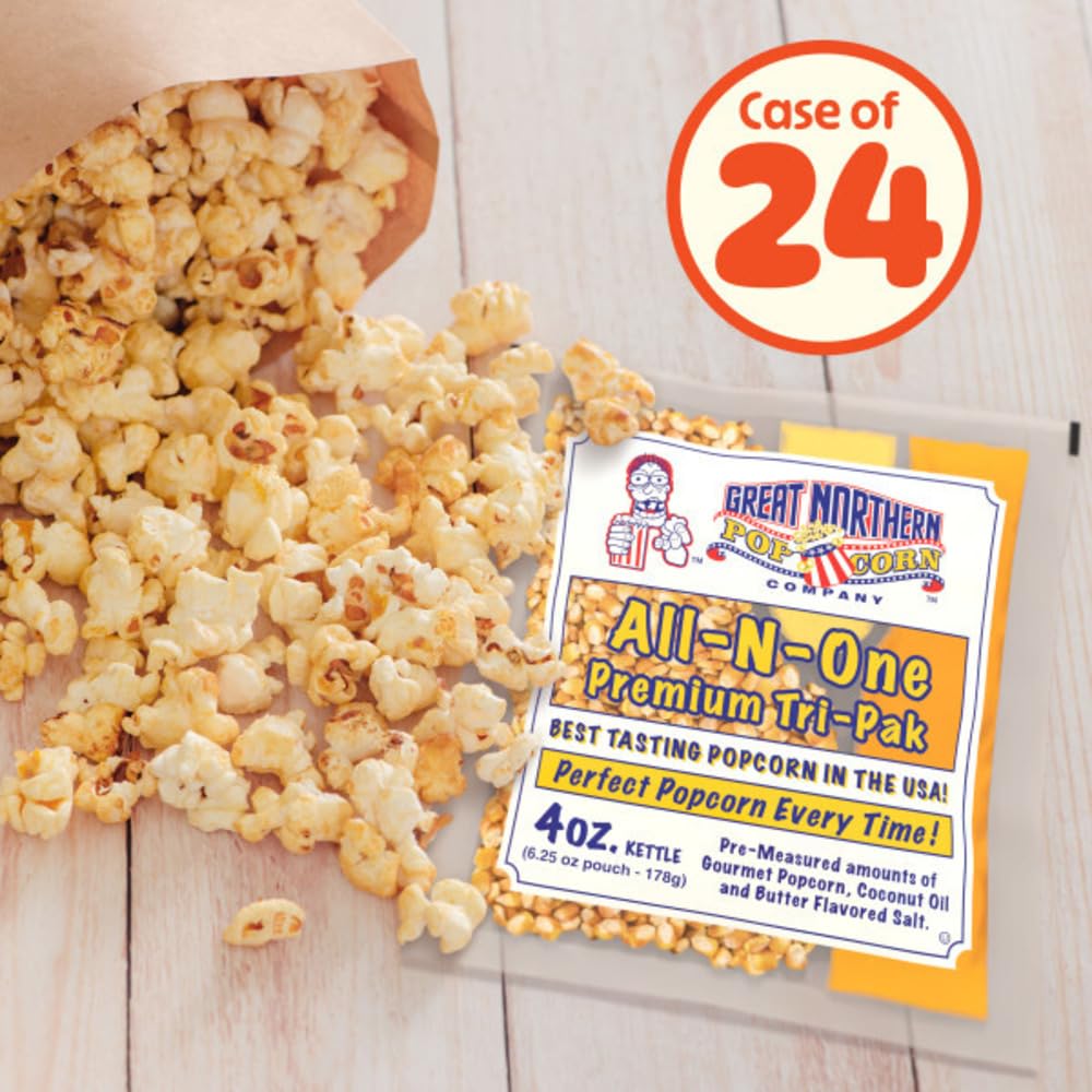 Great Northern Popcorn all-in-one kernels with coconut oil and salt—convenient.
