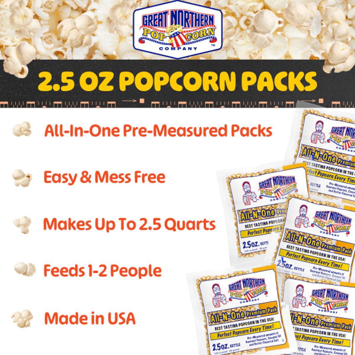 Great Northern Popcorn coconut oil pack included for flavorful popping results