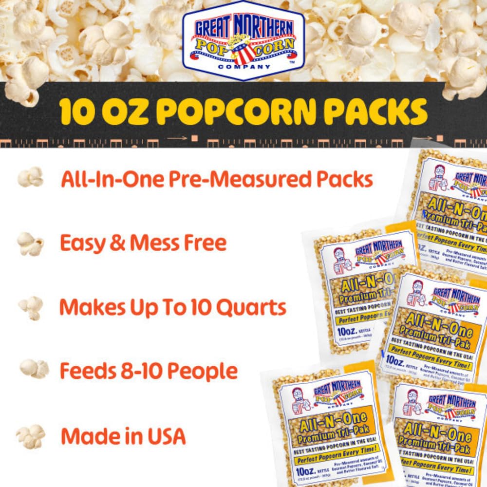 Great Northern Popcorn gourmet kernels, oil, and salt for theater flavor.