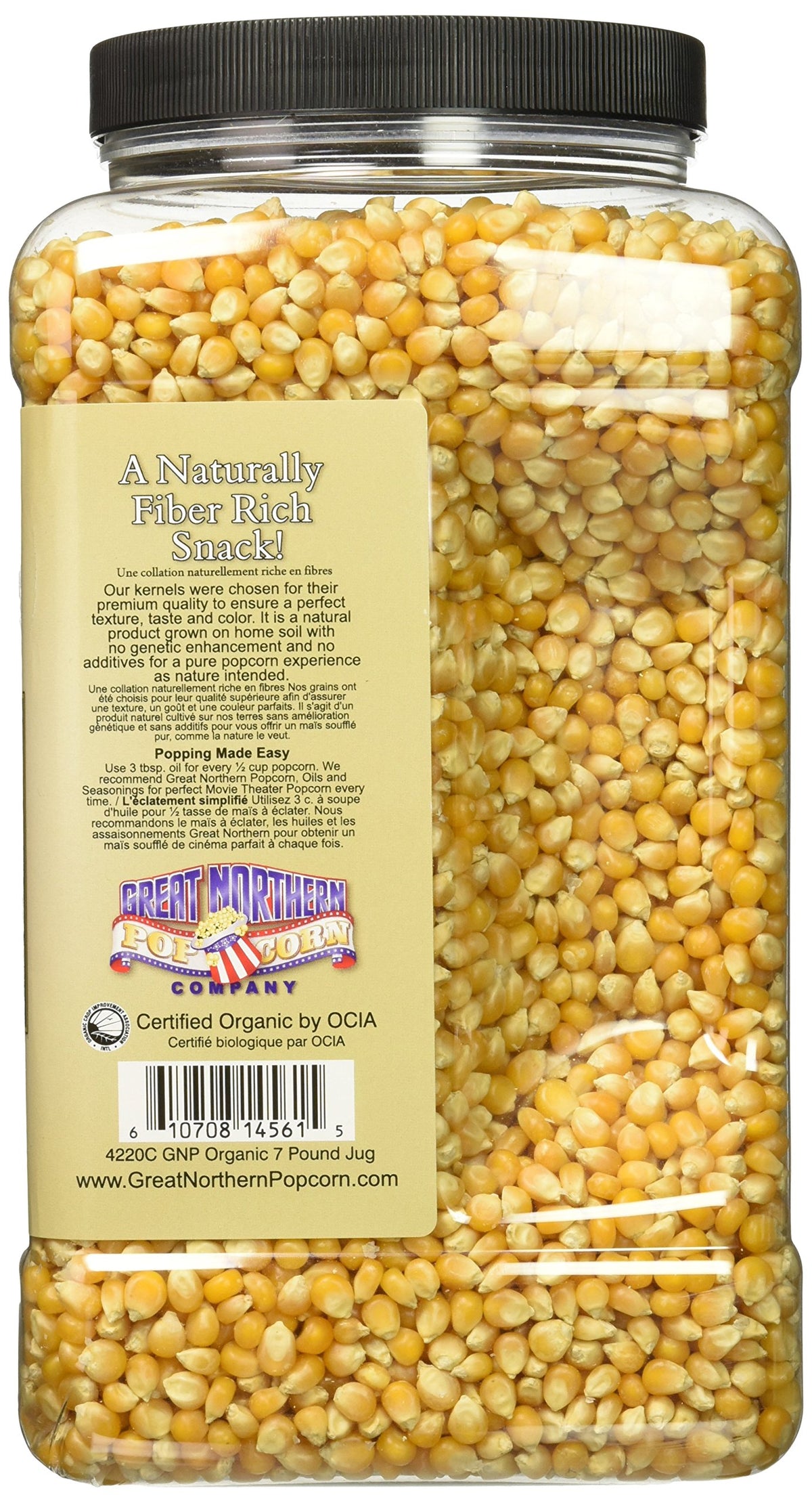 Close-up of Great Northern Popcorn Organic Kernels highlighting premium quality and moisture-free packaging.