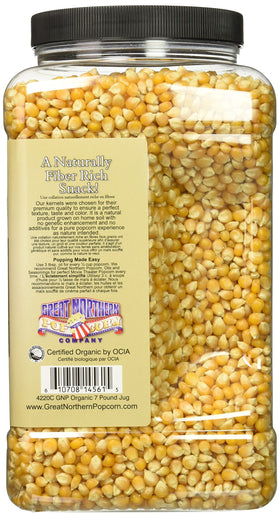 Close-up of Great Northern Popcorn Organic Kernels highlighting premium quality and moisture-free packaging.