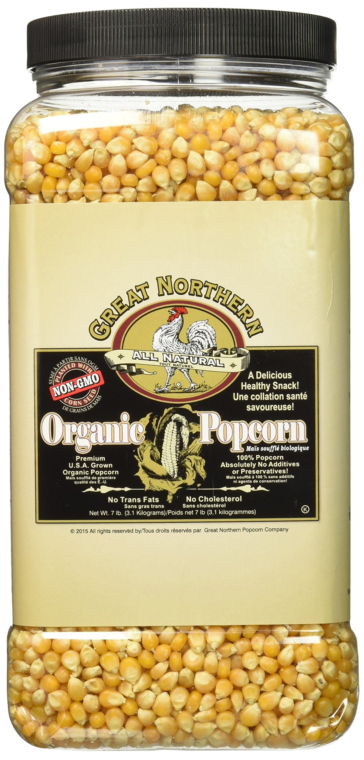Great Northern Popcorn Company Organic Kernels jug front view showing resealable lid for freshness.
