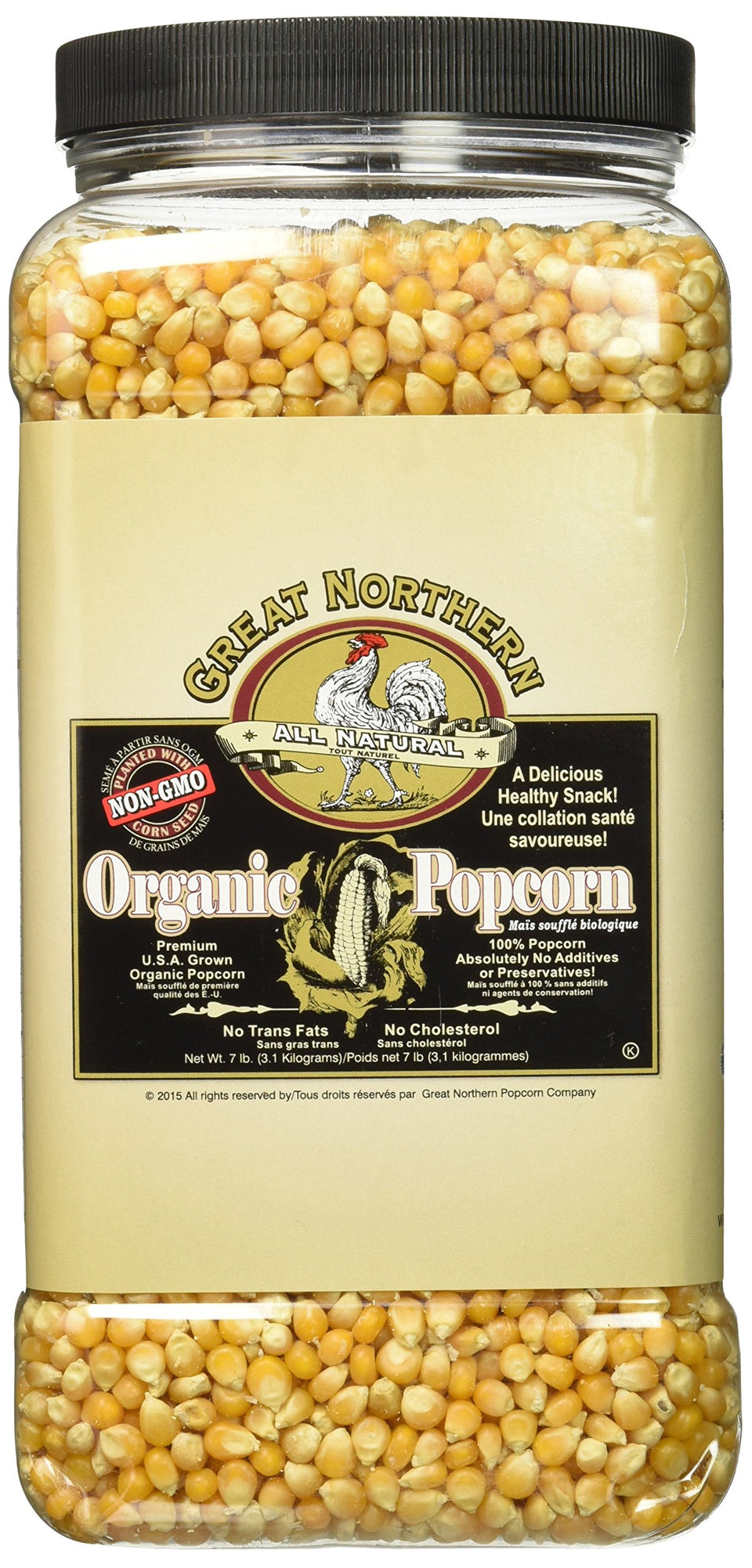 Great Northern Popcorn Company Organic Kernels jug front view showing resealable lid for freshness.