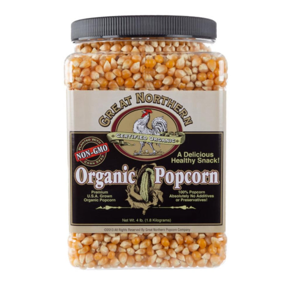 Great Northern Organic Popcorn Kernels in a 4lb jug for home theater snacking.