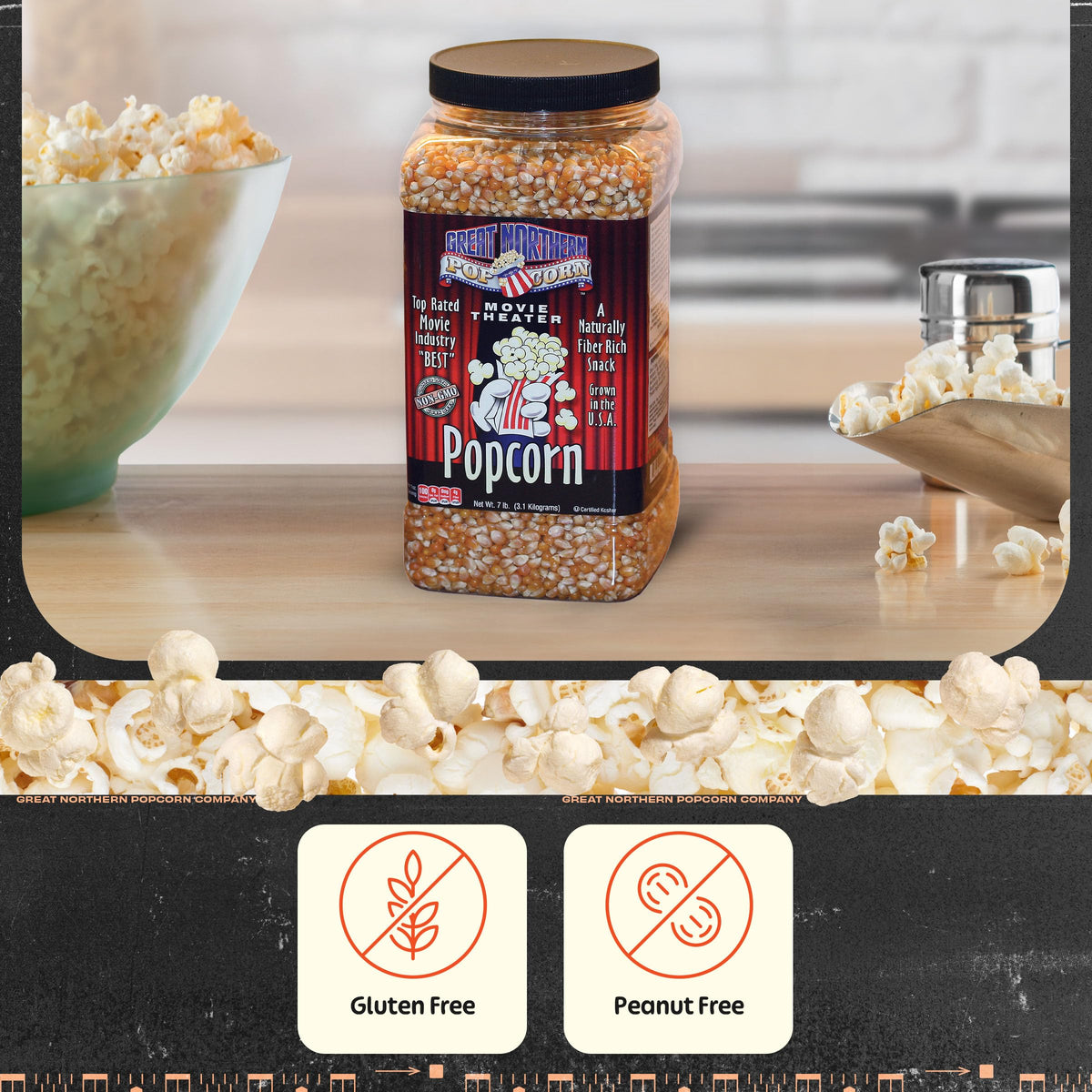 Great Northern Popcorn resealable jug lid keeps kernels fresh for parties