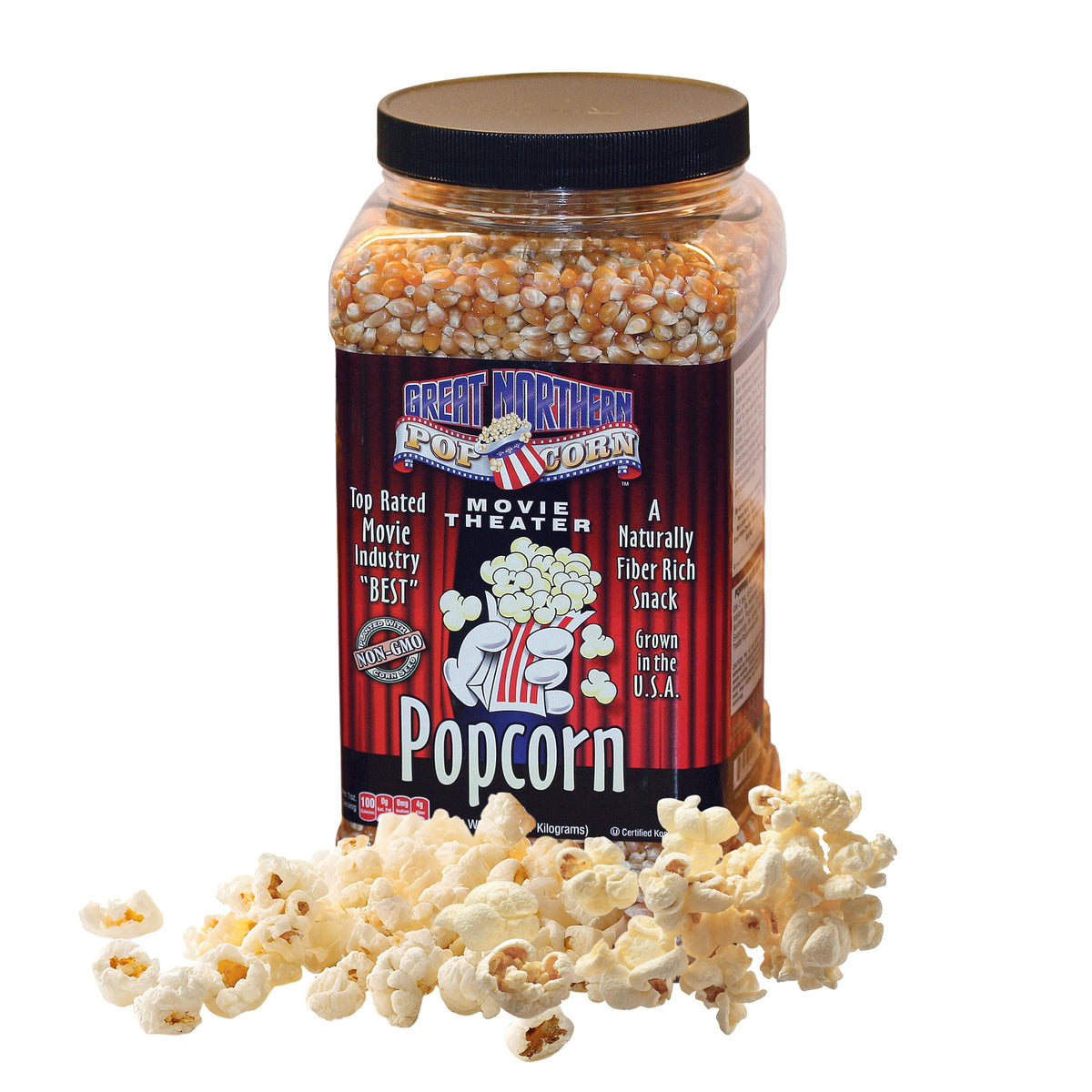 Great Northern Popcorn yellow kernels in a 7lb jug ready for quick snacking
