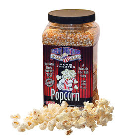 Great Northern Popcorn yellow kernels in a 7lb jug ready for quick snacking