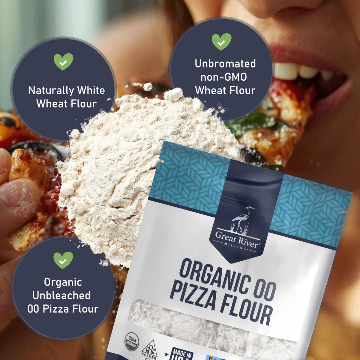 Great River Milling 00 Organic Pizza Flour ideal for pizzas, pasta, breads.