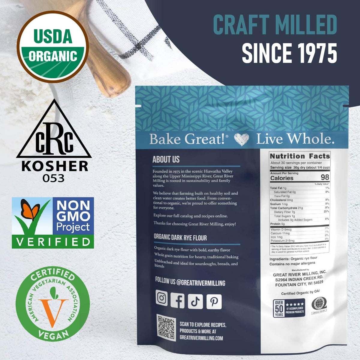 2 lb Great River Milling Organic Dark Rye Flour package on pantry shelf