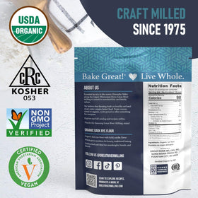 2 lb Great River Milling Organic Dark Rye Flour package on pantry shelf