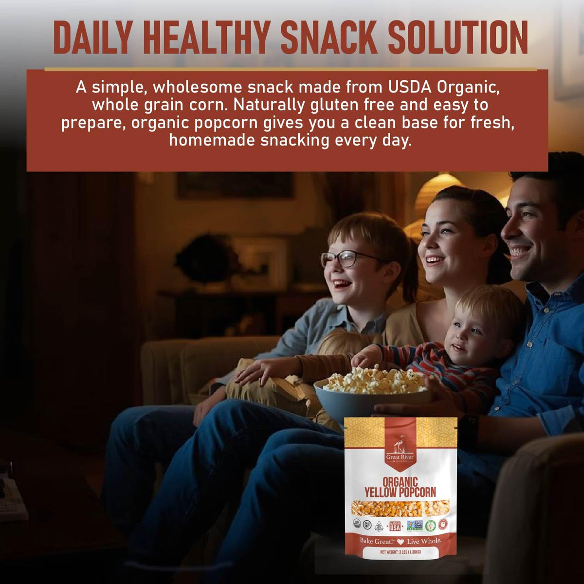 Great River Milling 3 lb bulk pack keeps popcorn handy for family movie nights.