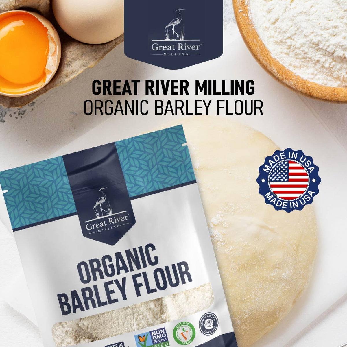 Aromatic Great River Milling barley flour in a warm kitchen