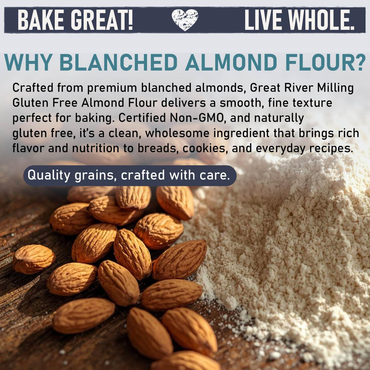 Great River Milling Blanched Almond Flour setup for cakes, cookies, and muffins