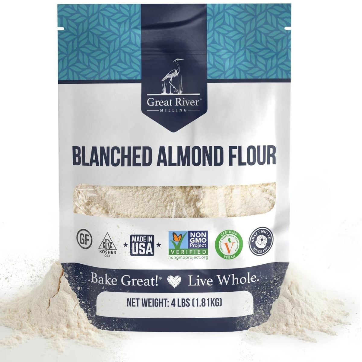 Great River Milling Blanched Almond Flour packaging shown in a 4 lb bag for gluten-free use