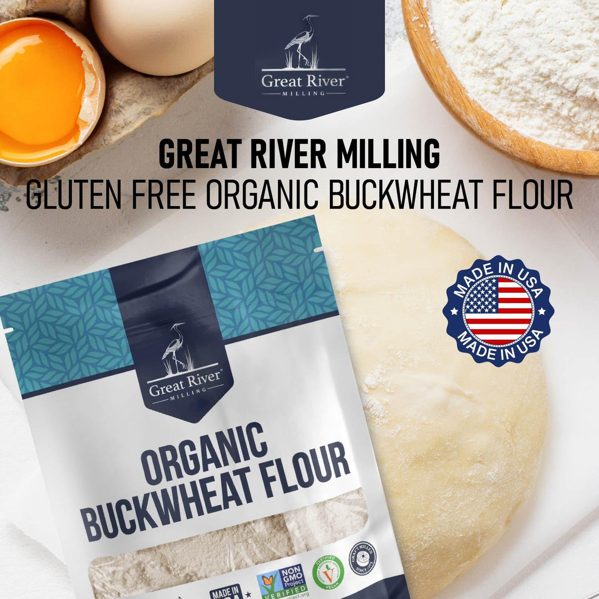 Great River Milling Buckwheat Flour on kitchen counter ready for mixing.