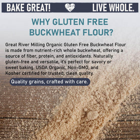 Great River Milling Buckwheat Flour with measuring cup for high-fiber baking.